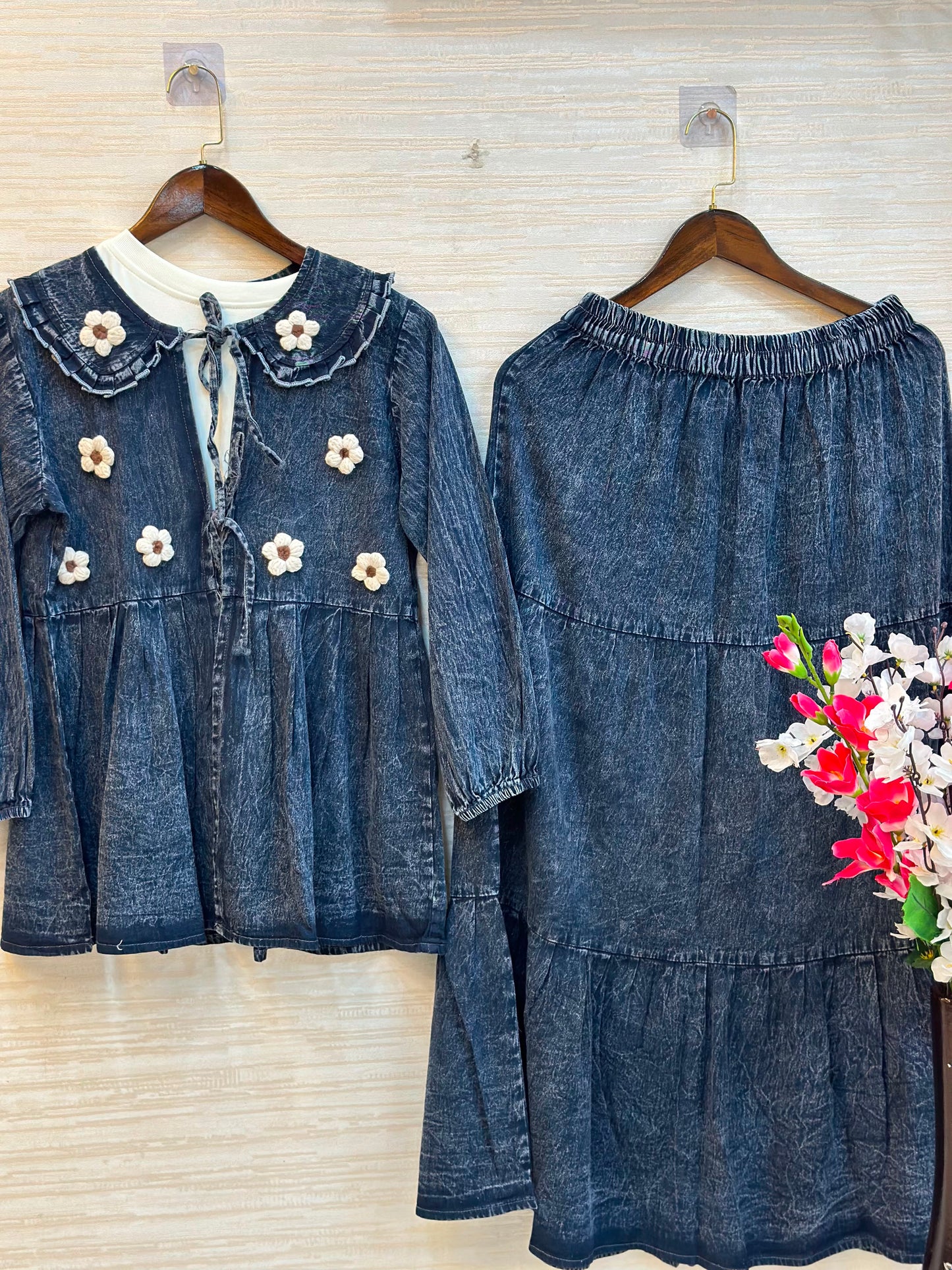 1094 Denim Embroidered Skirt Coord Set - Mid Blue
