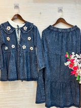 1094 Denim Embroidered Skirt Coord Set - Mid Blue