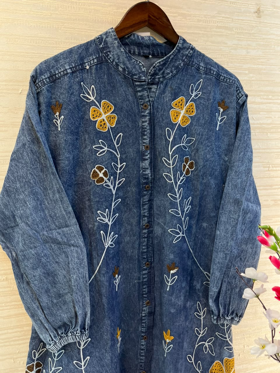 1193 Embroidered Denim Gown - Navy Blue