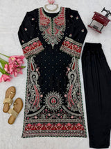1319 Premium Pakistani Embroidered Black Kaftan 2 Pc Set