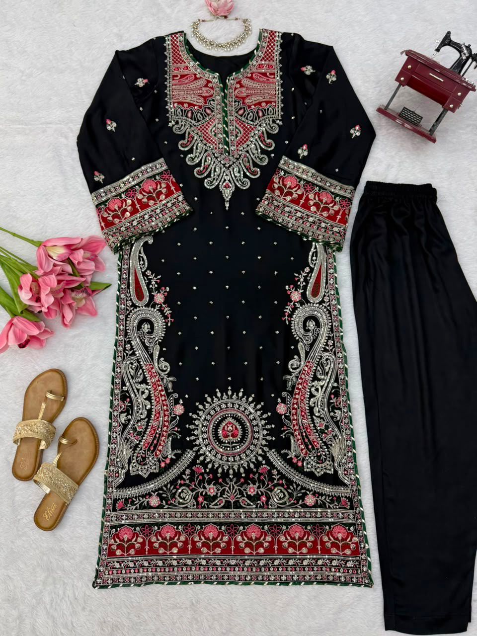 1319 Premium Pakistani Embroidered Black Kaftan 2 Pc Set