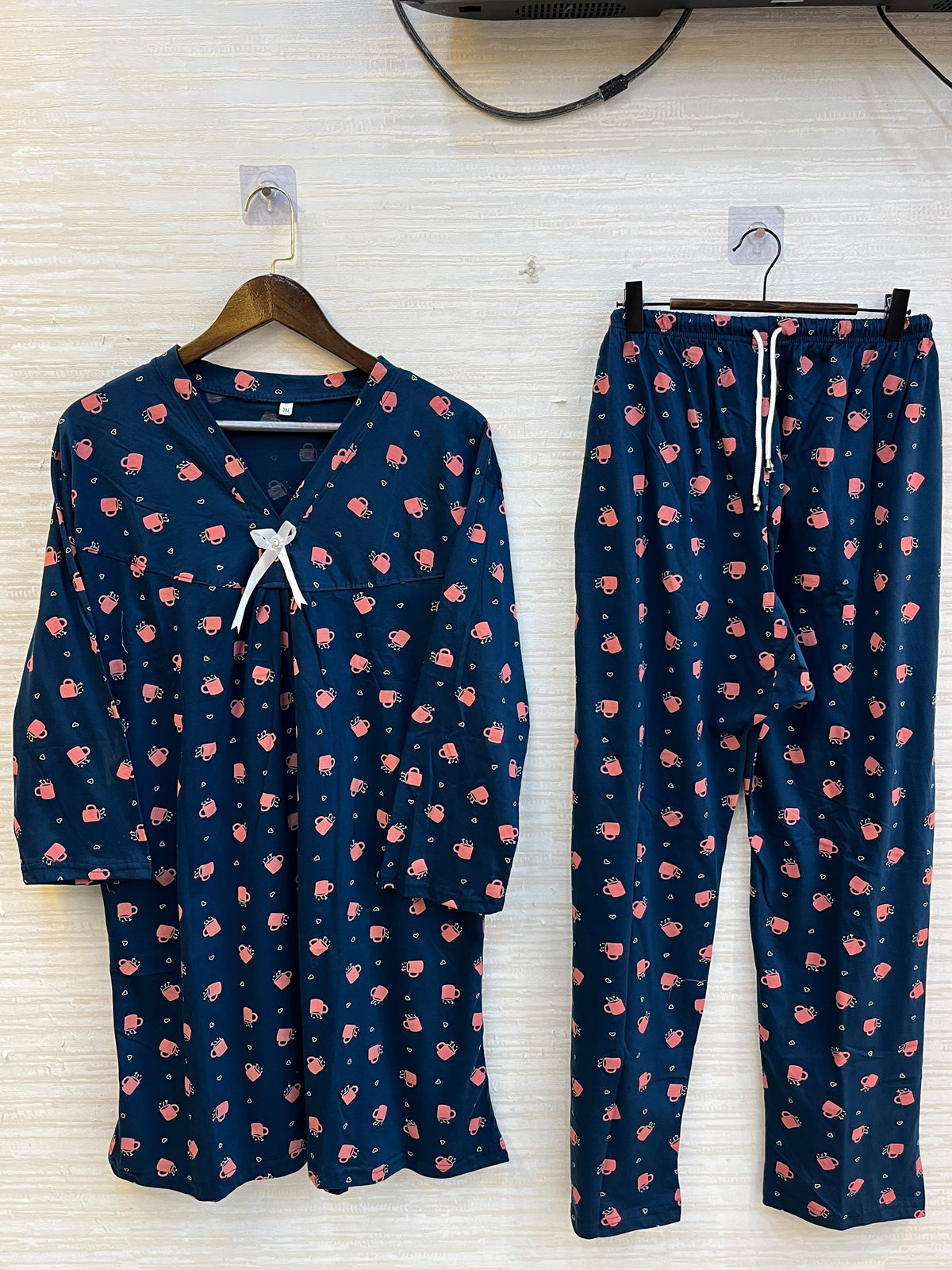 1447 Korean Bow Night Wear -Navy Blue