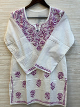 618 Lucknowi Short Kurti Set | White - Purple