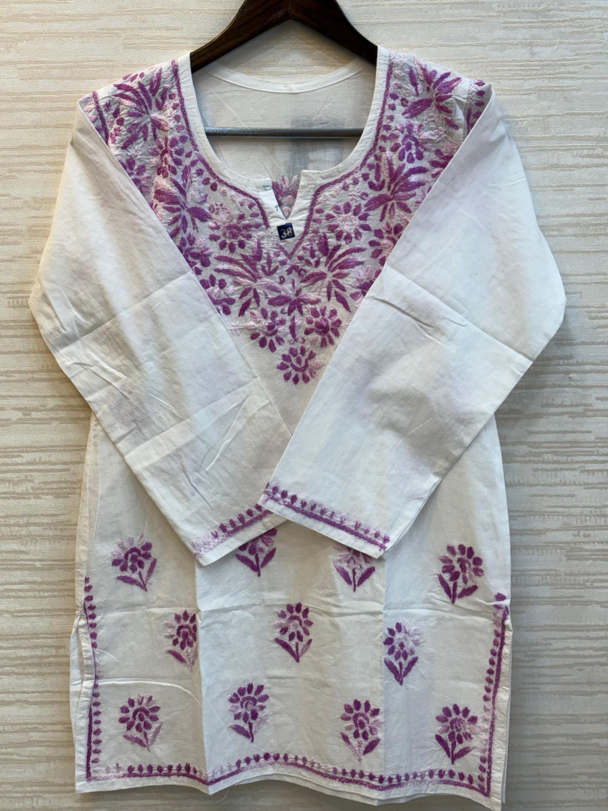 618 Lucknowi Short Kurti Set | White - Purple