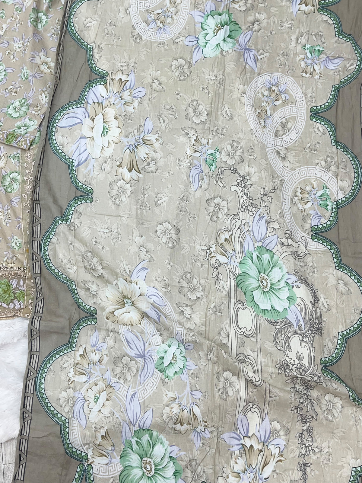 1441 Mausumery Foral Lawn Suit - Beige