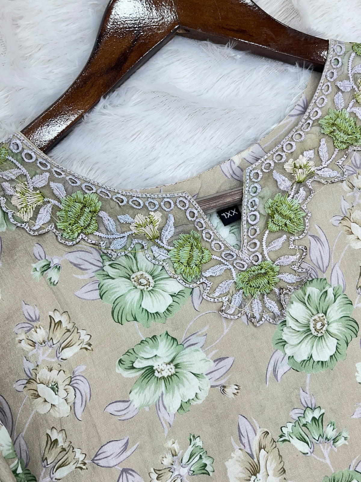 1441 Mausumery Foral Lawn Suit - Beige