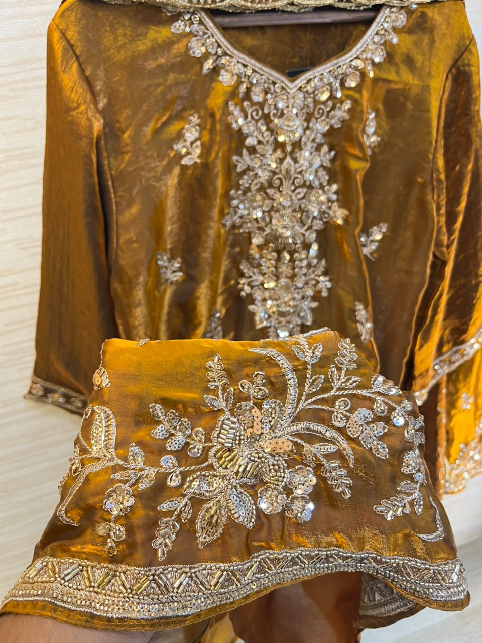 1204 Floral Hand-Work Partywear - Mustard Gold