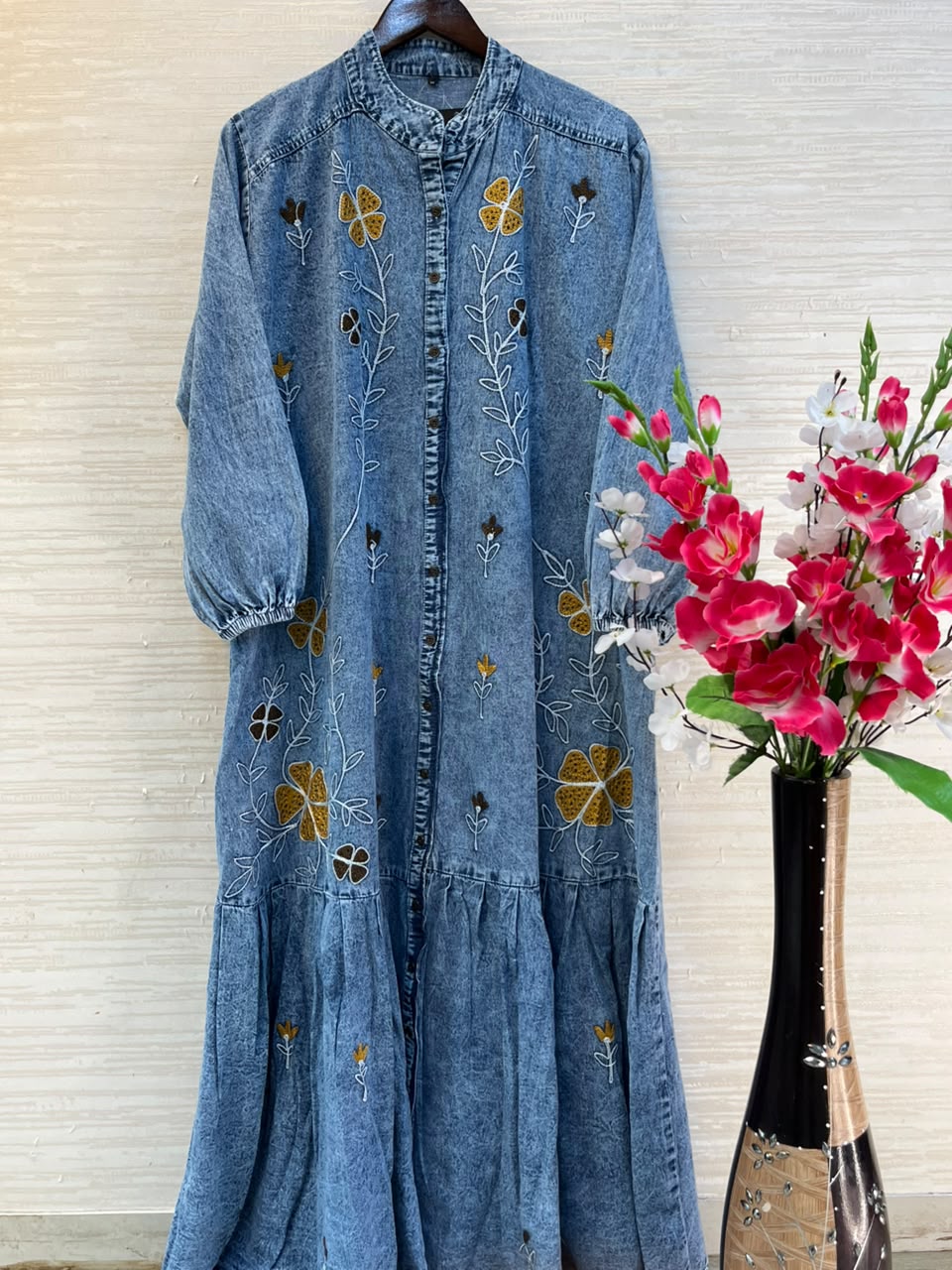 1193 Embroidered Denim Gown - Blue