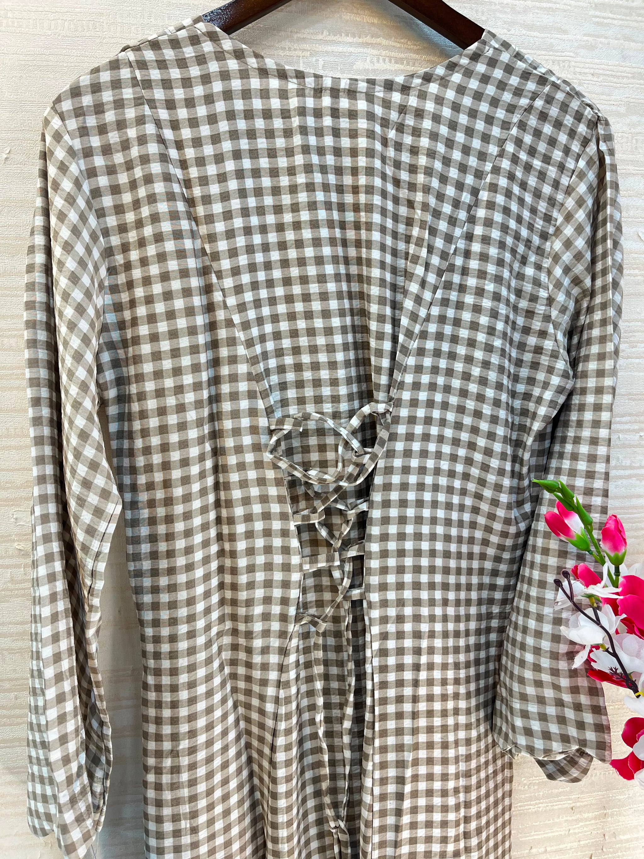 1209 Korean Gingham Gown - Taupe Brown