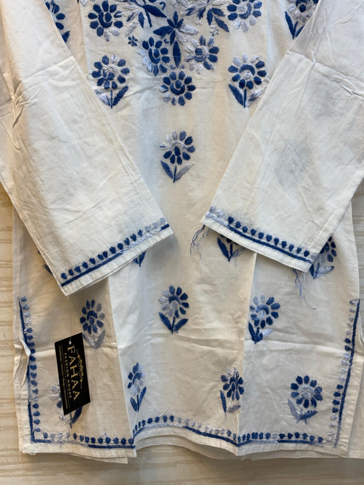 618 Lucknowi Short Kurti Set | White - Blue