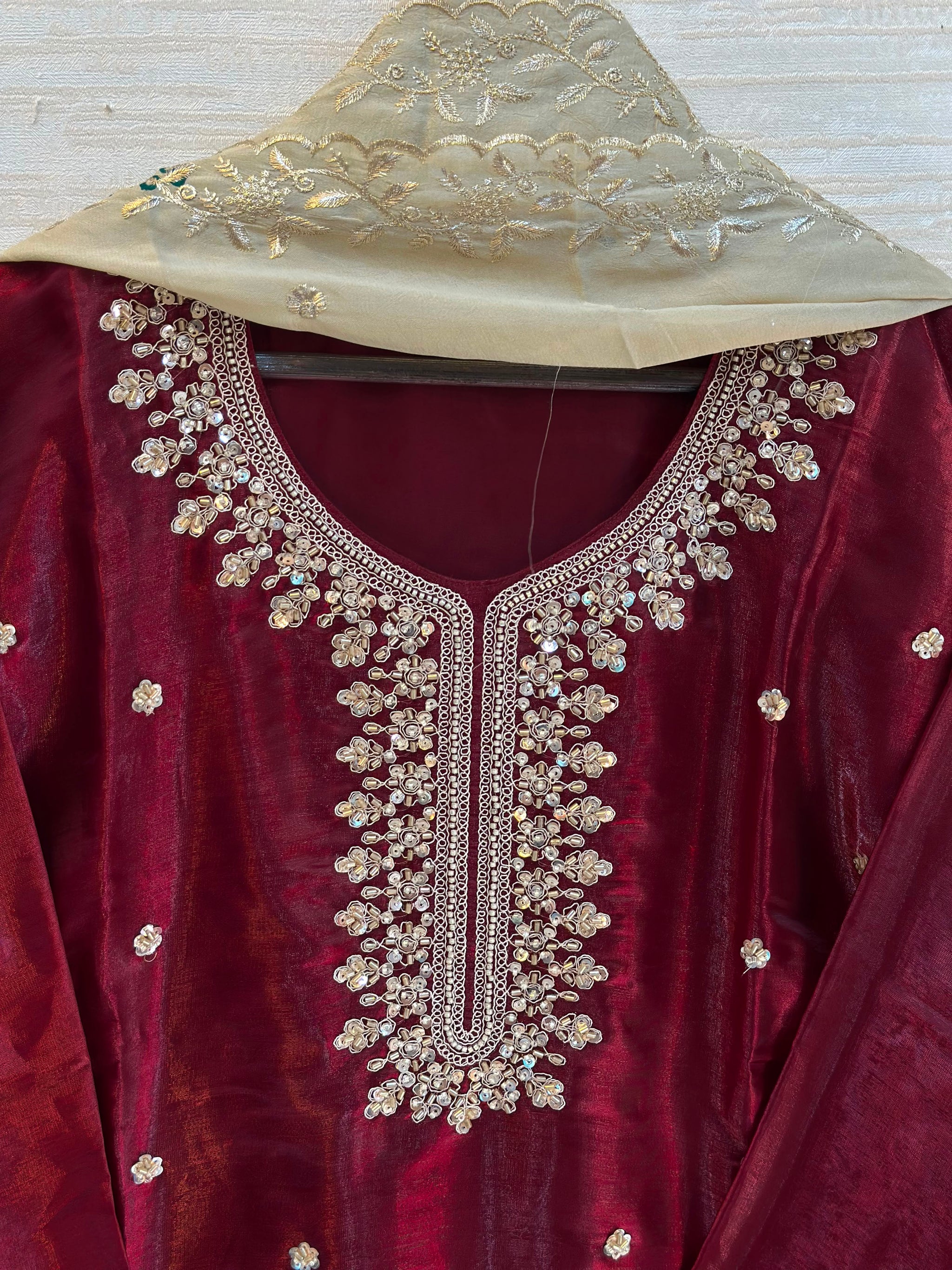1204 Floral Hand-Work Partywear - Deep Maroon