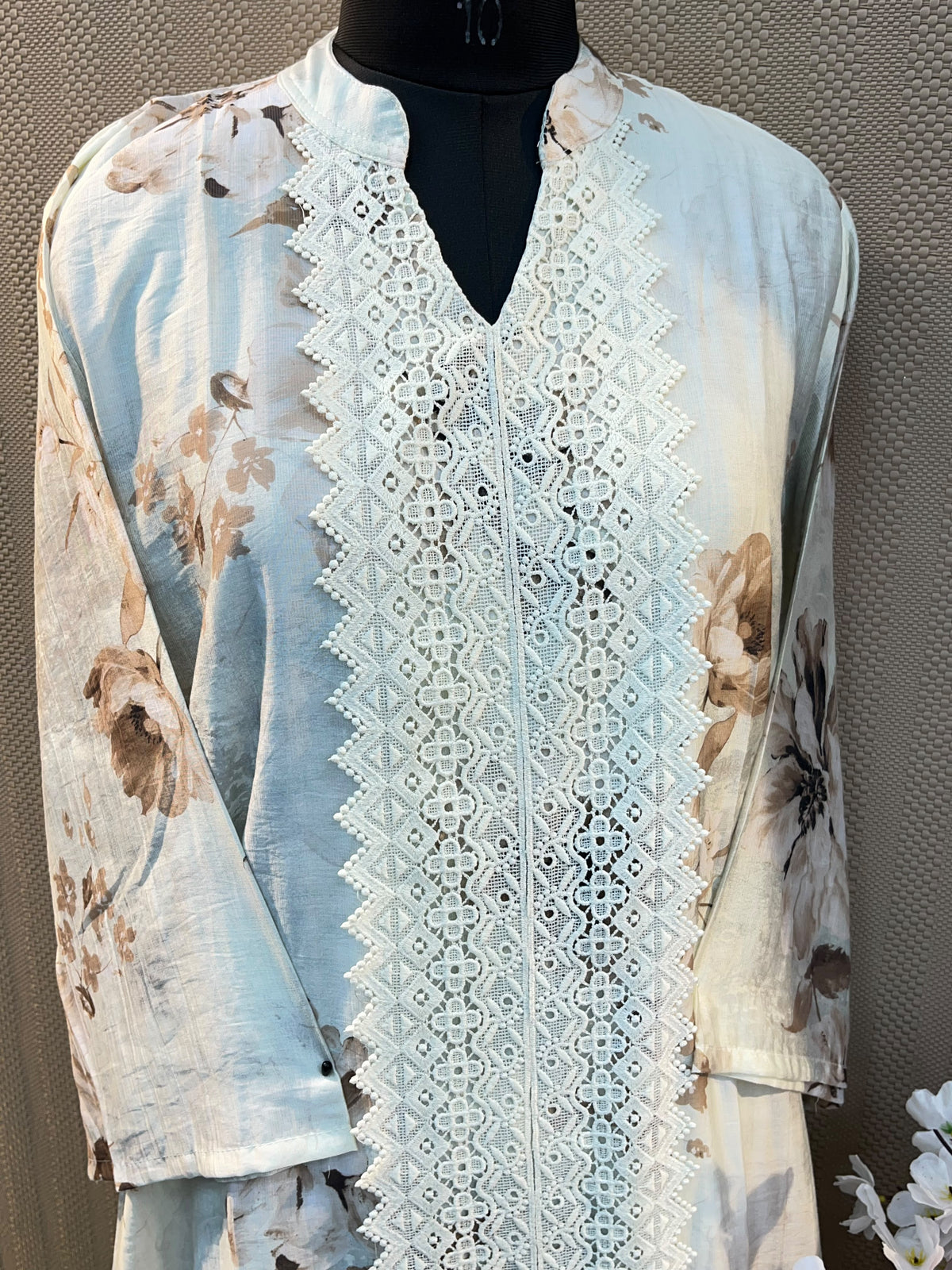1380 Floral Turkish Lace-Work Gown - Ice Blue