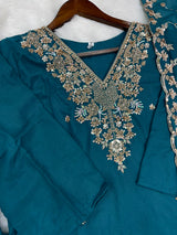 1204 Floral Hand-Work Partywear - Teal Blue