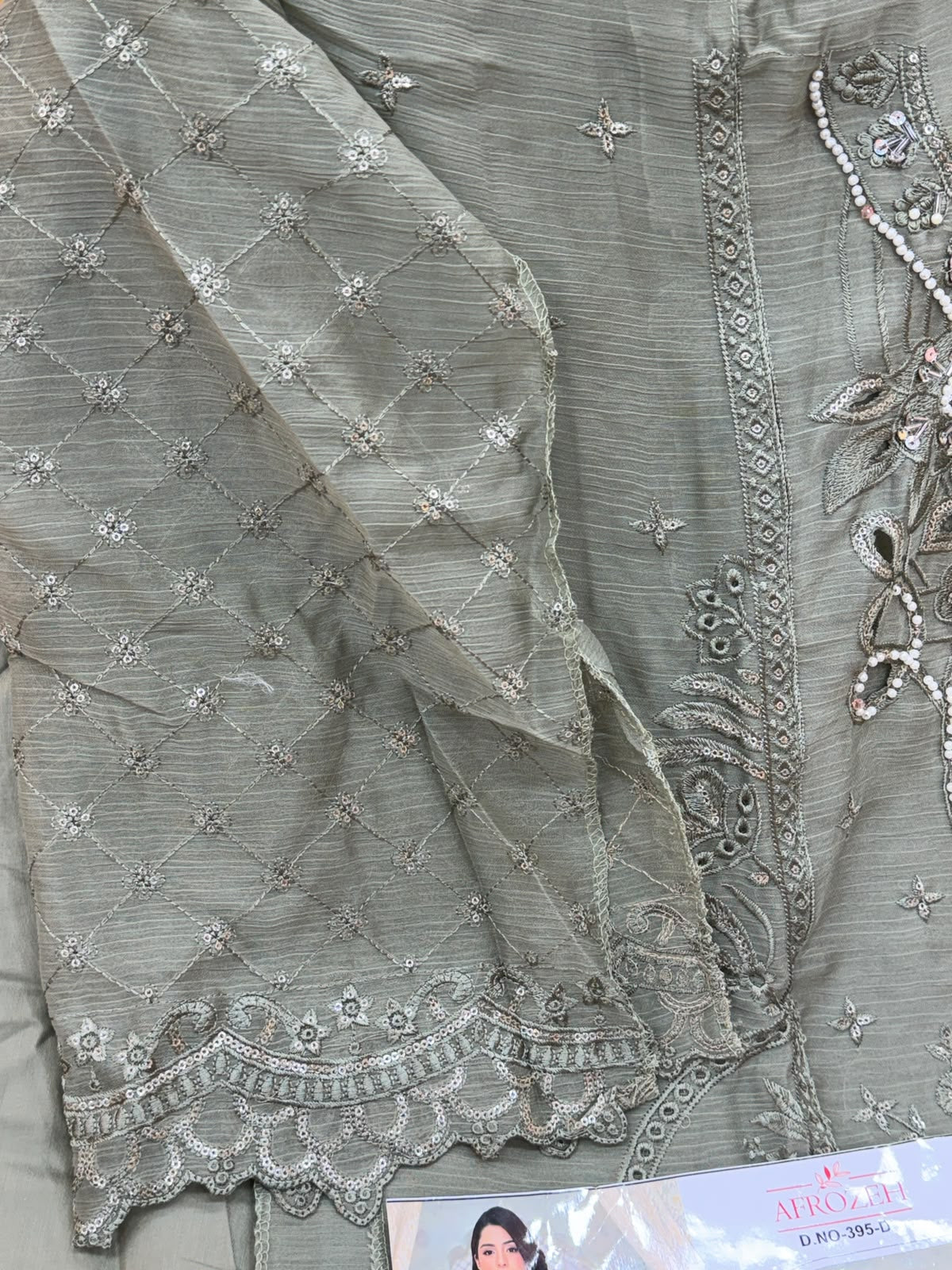 1456 Pakistani Unstitched Partywear - Olive Green