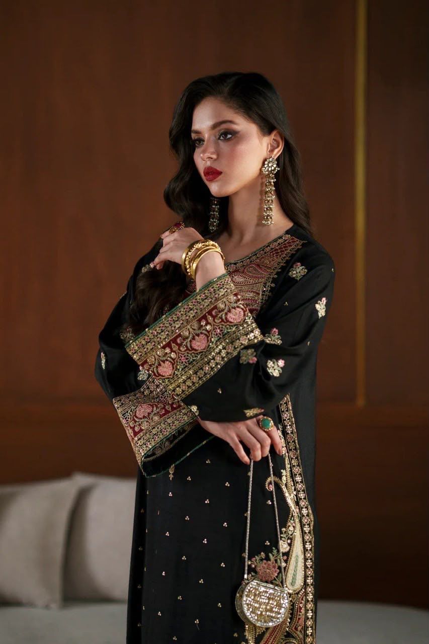 1319 Premium Pakistani Embroidered Black Kaftan 2 Pc Set