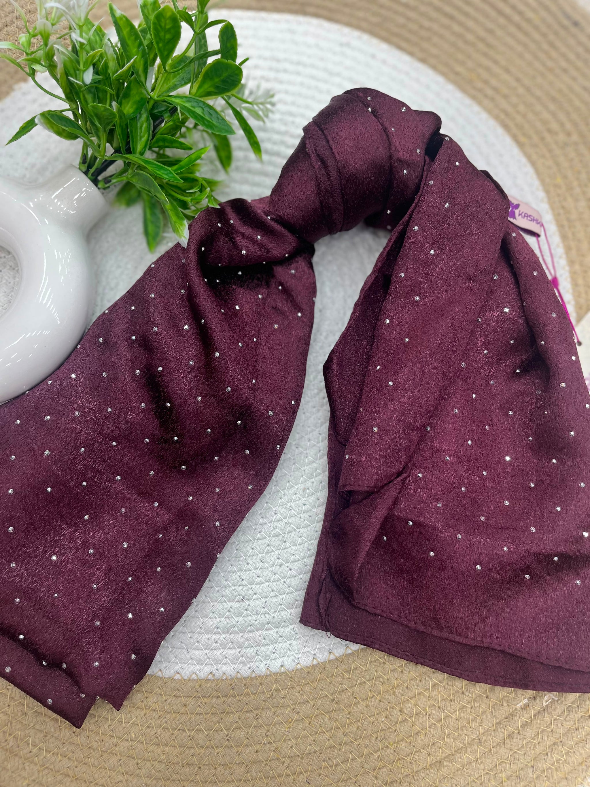1187 Modest Satin Rhinestone Hijab - Wine Maroon