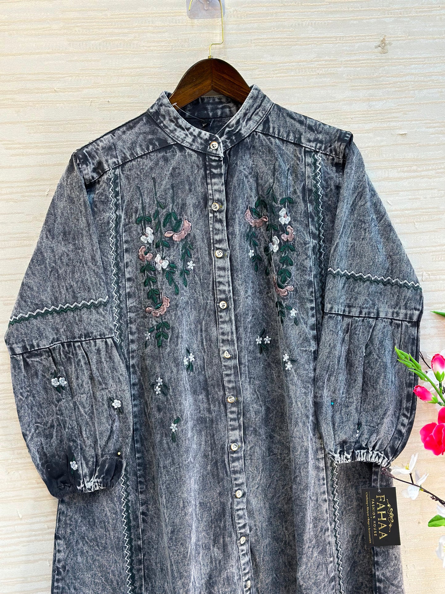 1210 Embroidered Denim Gown - Acid Grey