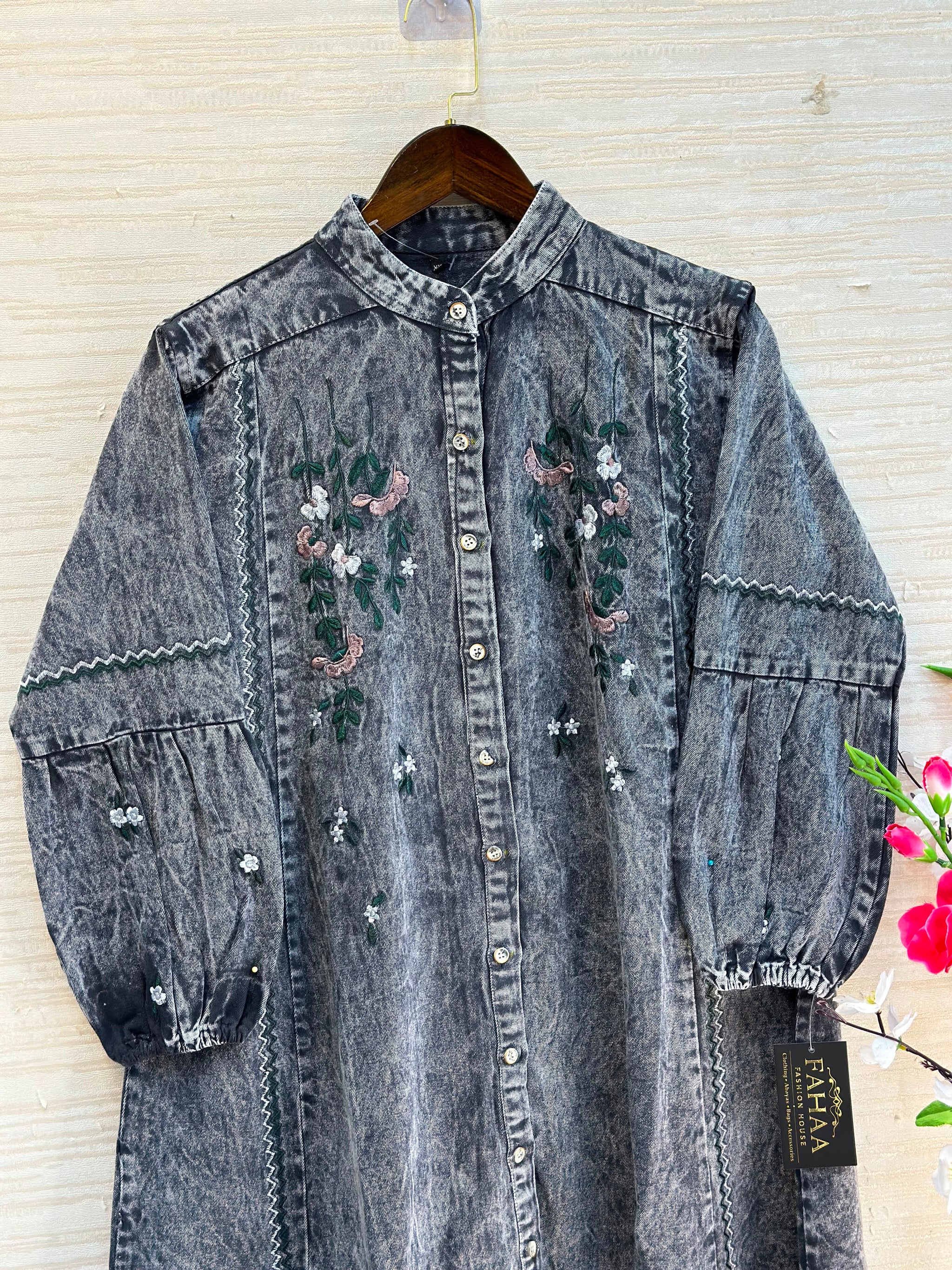 1210 Embroidered Denim Gown - Acid Grey