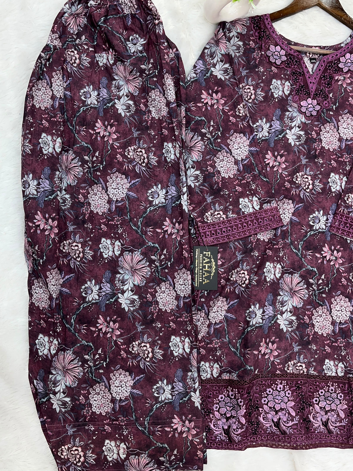 1424 Mausumery Foral Lawn Suit - Plum
