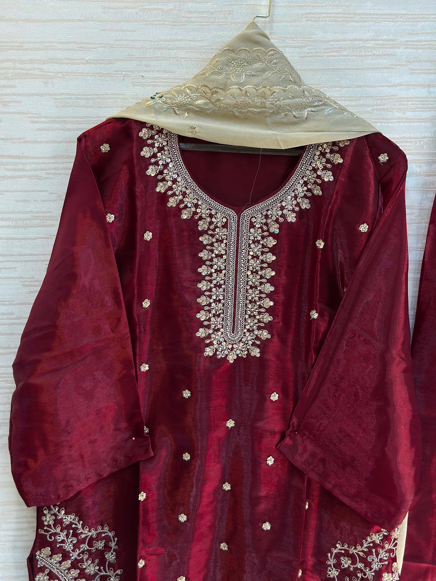 1204 Floral Hand-Work Partywear - Deep Maroon