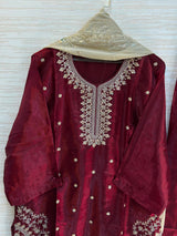 1204 Floral Hand-Work Partywear - Deep Maroon