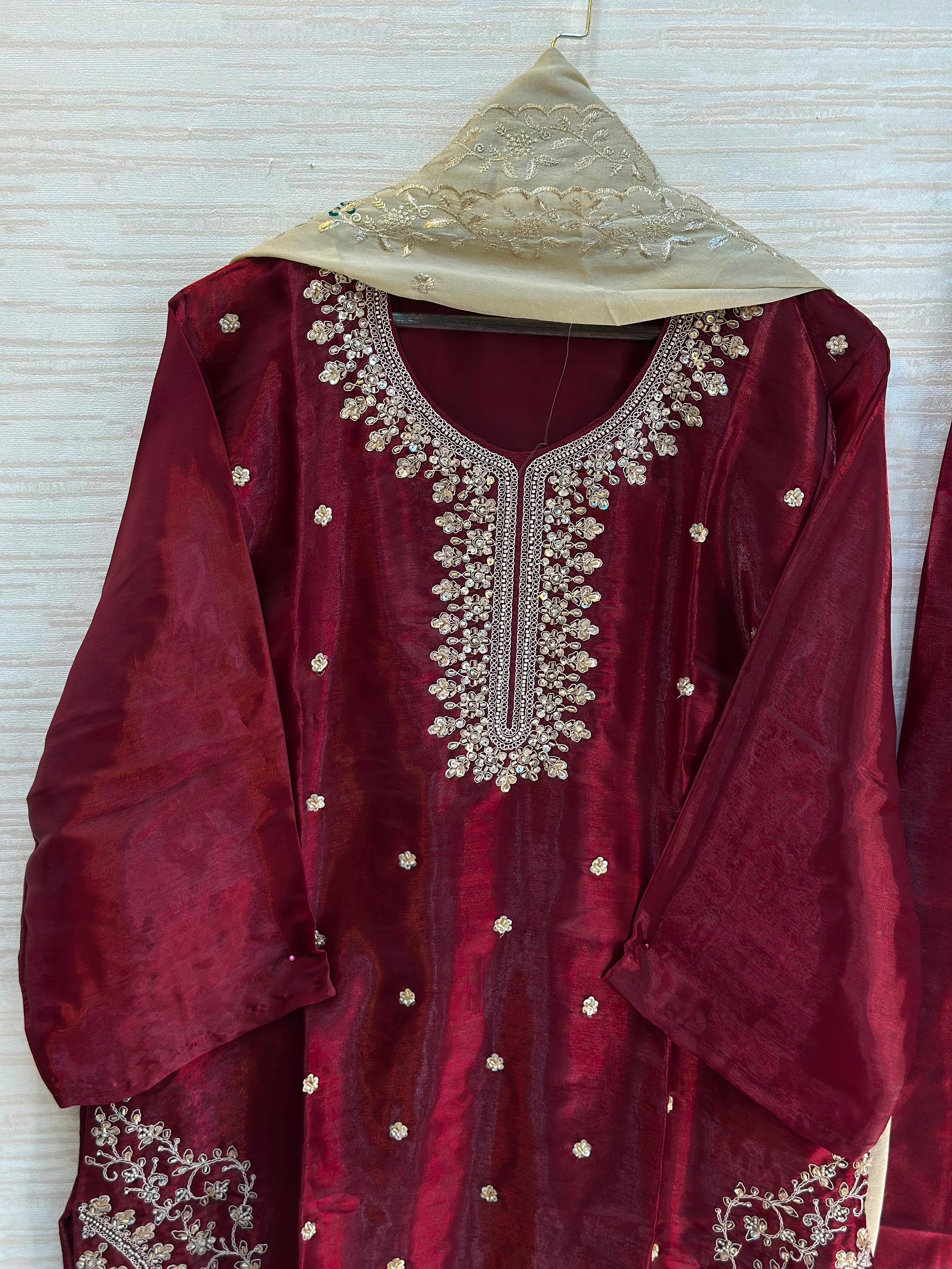 1204 Floral Hand-Work Partywear - Deep Maroon