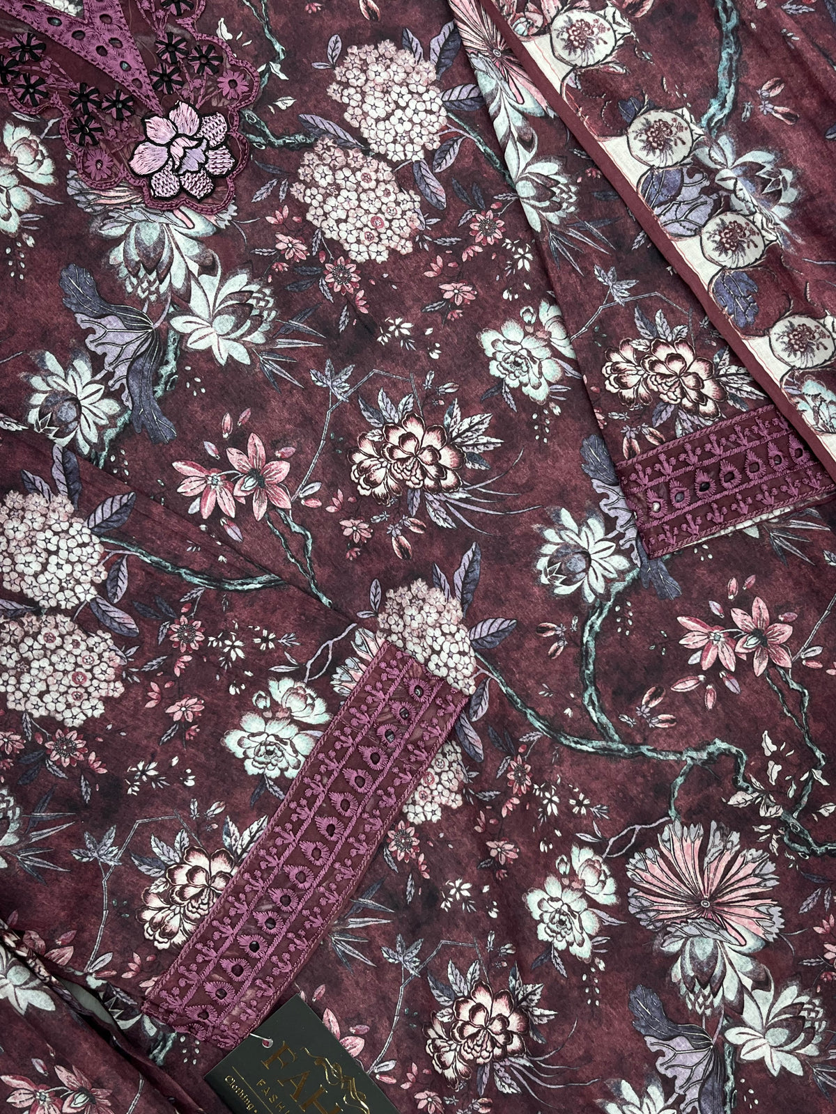 1424 Mausumery Foral Lawn Suit - Plum