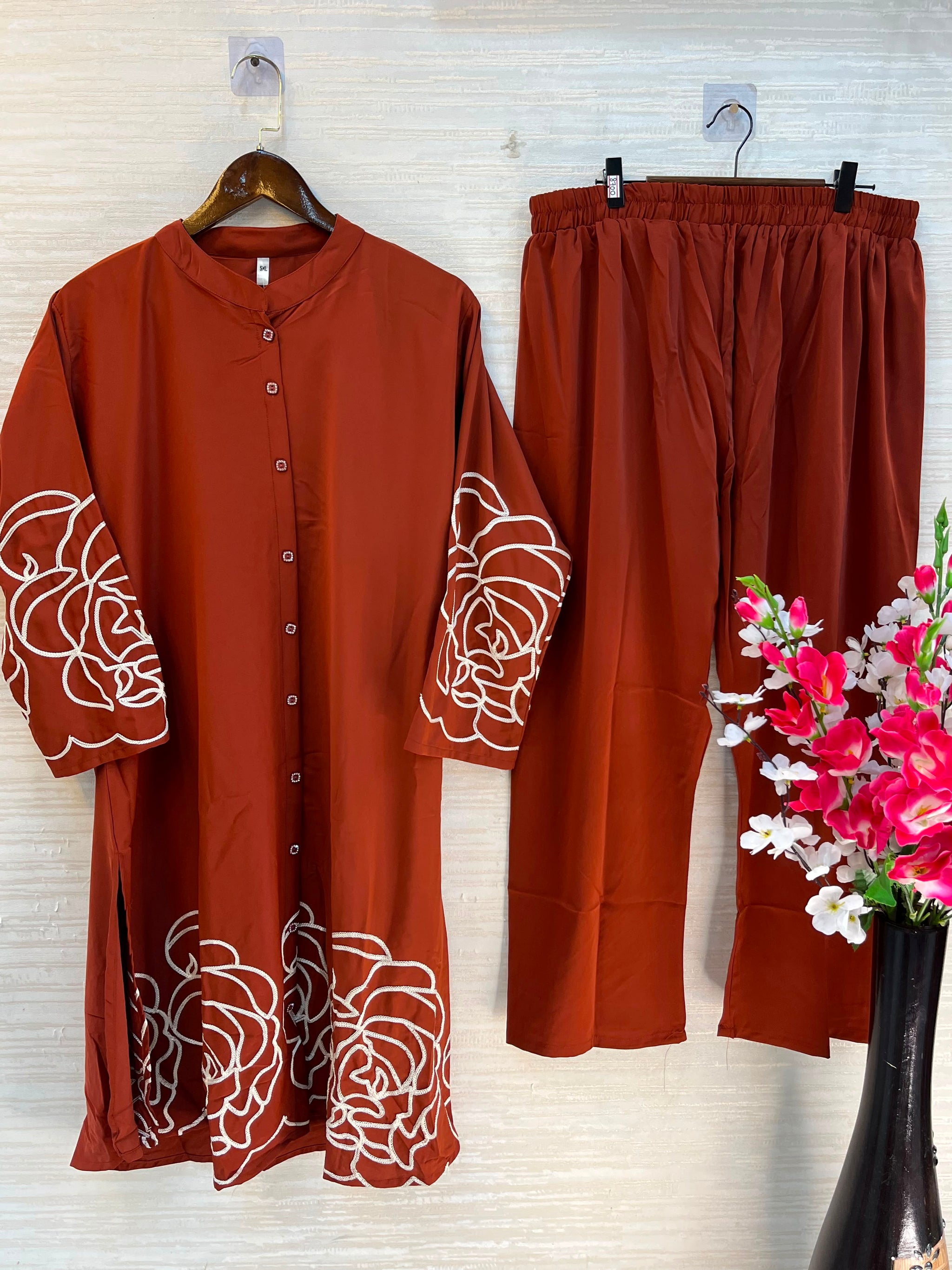 1194 Floral Embroidered Coord Set - Rust