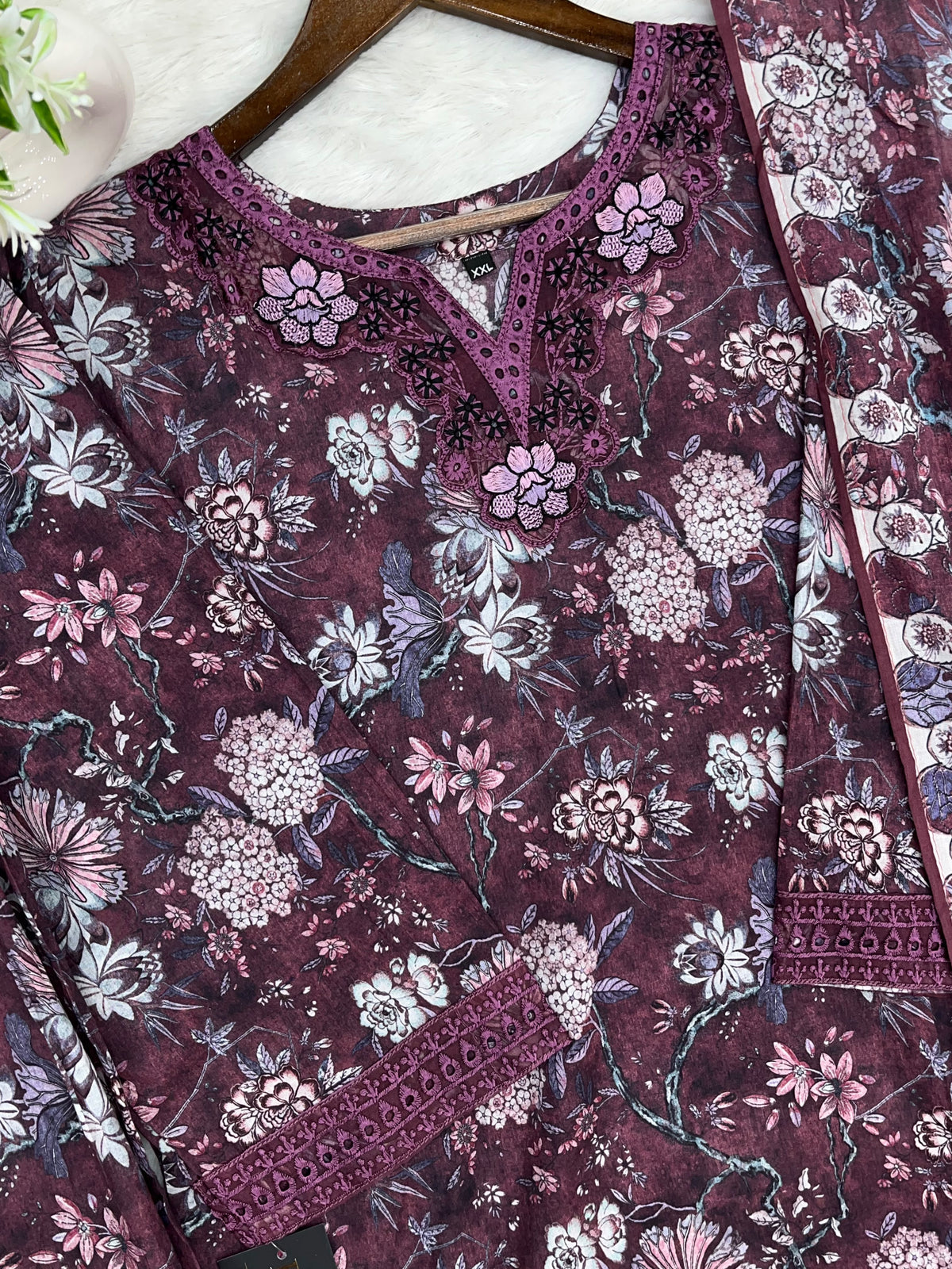 1424 Mausumery Foral Lawn Suit - Plum