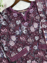 1424 Mausumery Foral Lawn Suit - Plum
