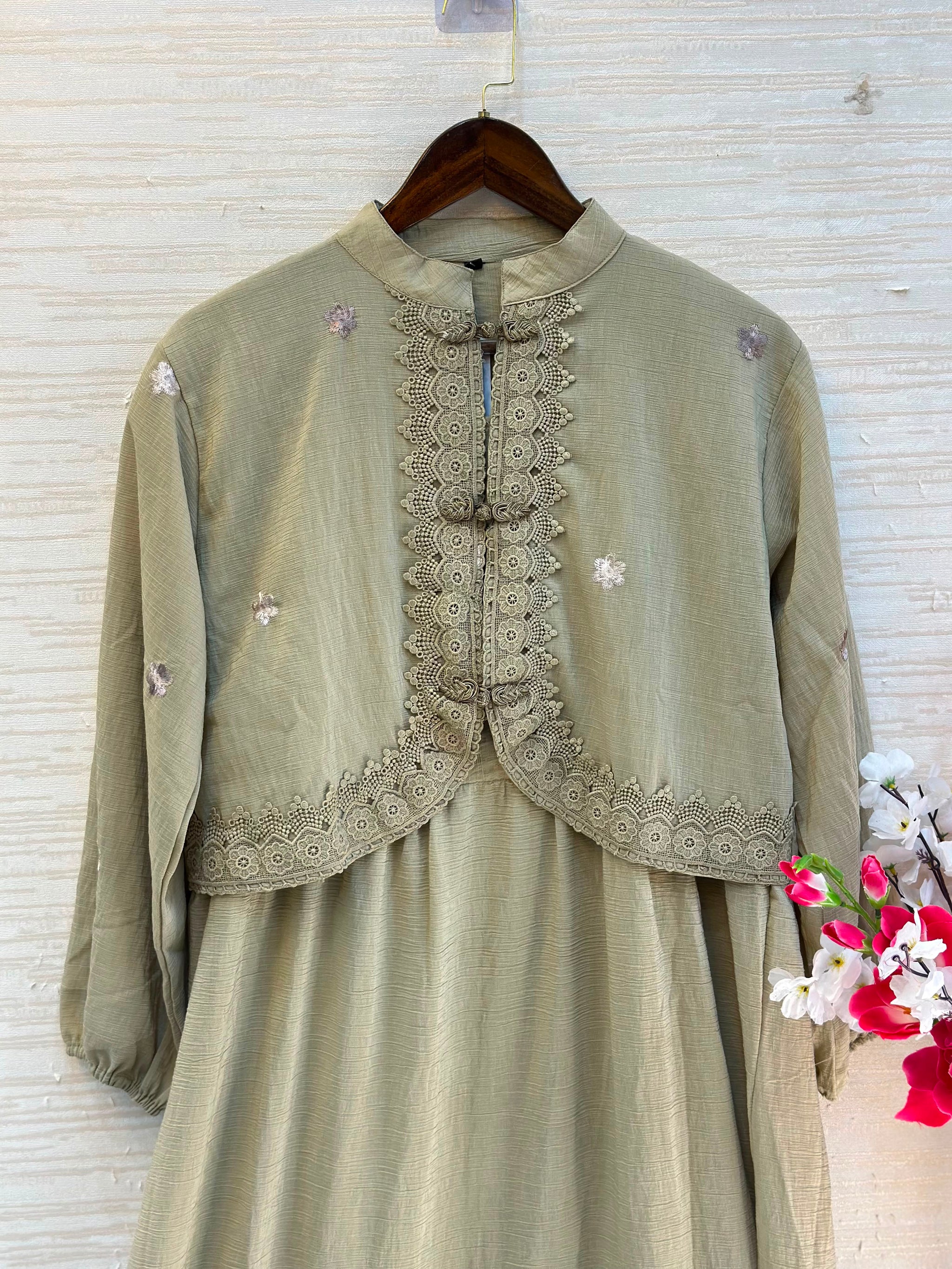 1208 Korean Jacket Gown Set - Olive Green