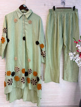 1097 Floral Embroidered Coord Set - Mint Green