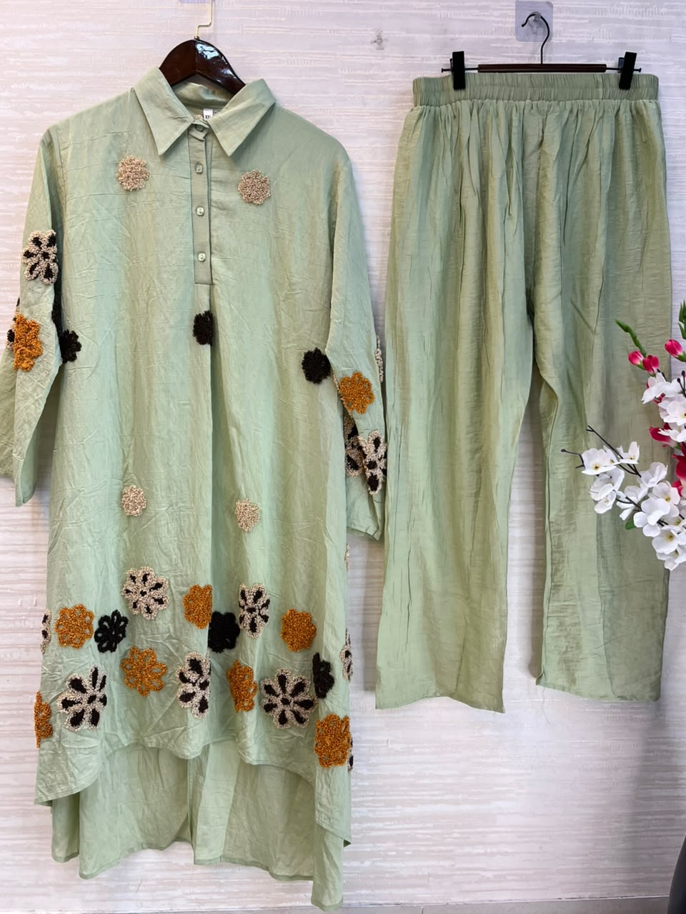 1097 Floral Embroidered Coord Set - Mint Green