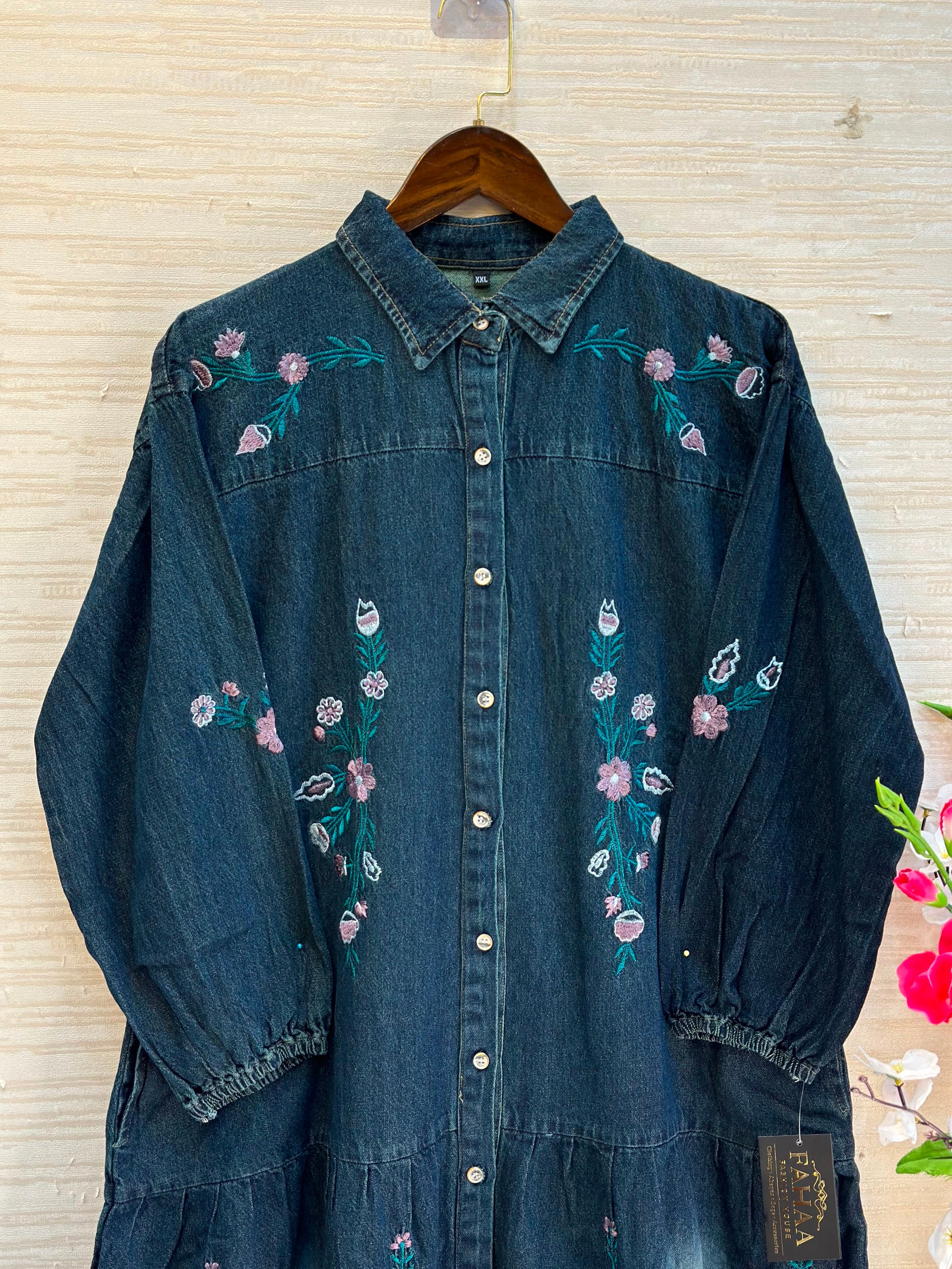 1210 Embroidered Denim Gown - Dark Blue
