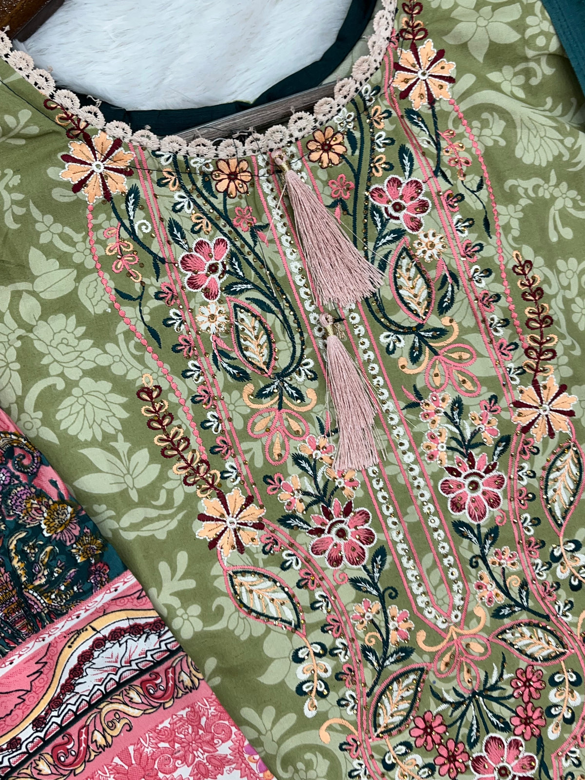 1449 Pakistani Embroidered Suit - Pista Green