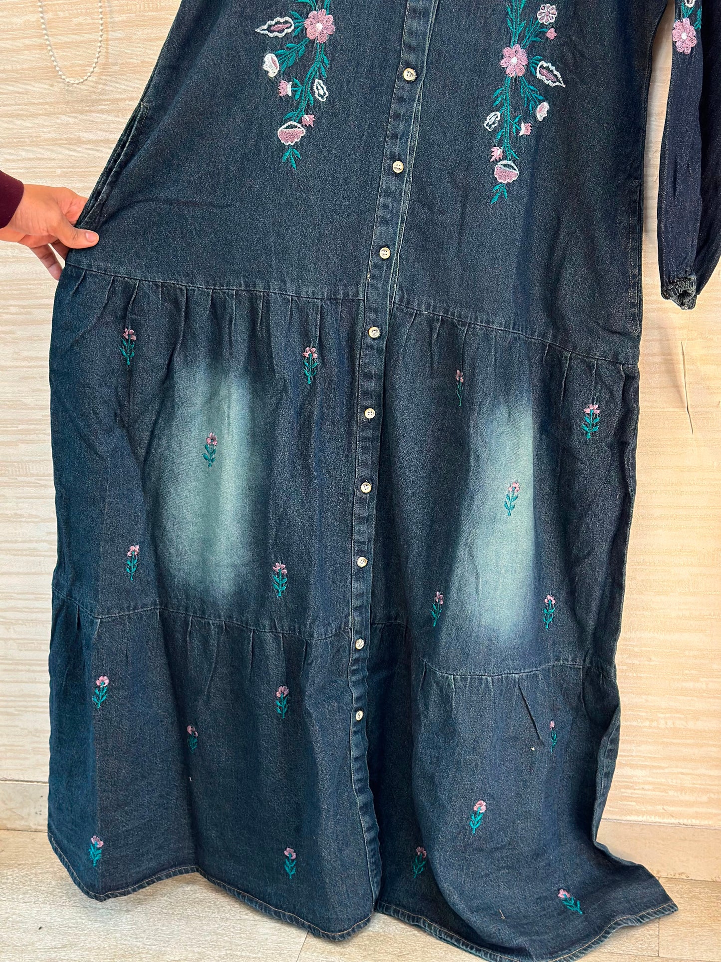 1210 Embroidered Denim Gown - Dark Blue
