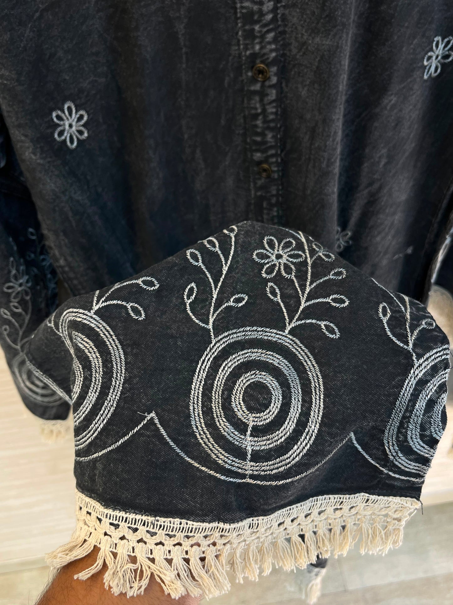 1203 Long Embroidered Denim Coordset - Charcoal Grey