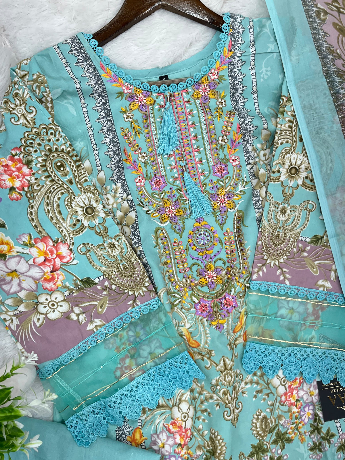1449 Pakistani Embroidered Suit - Aqua Blue