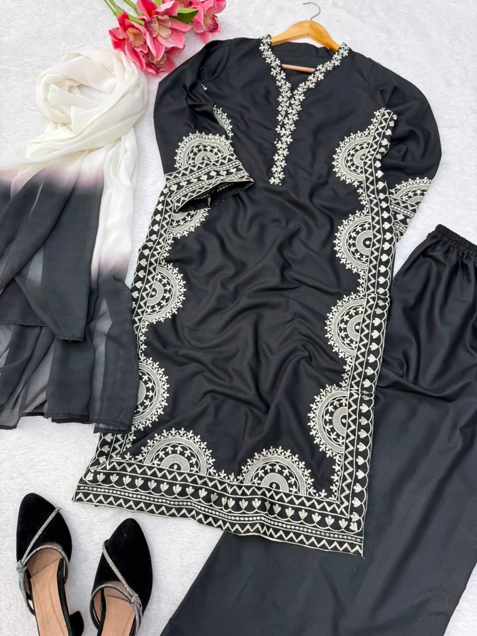 1338 Pakistani Embroidered Coord Set - Black