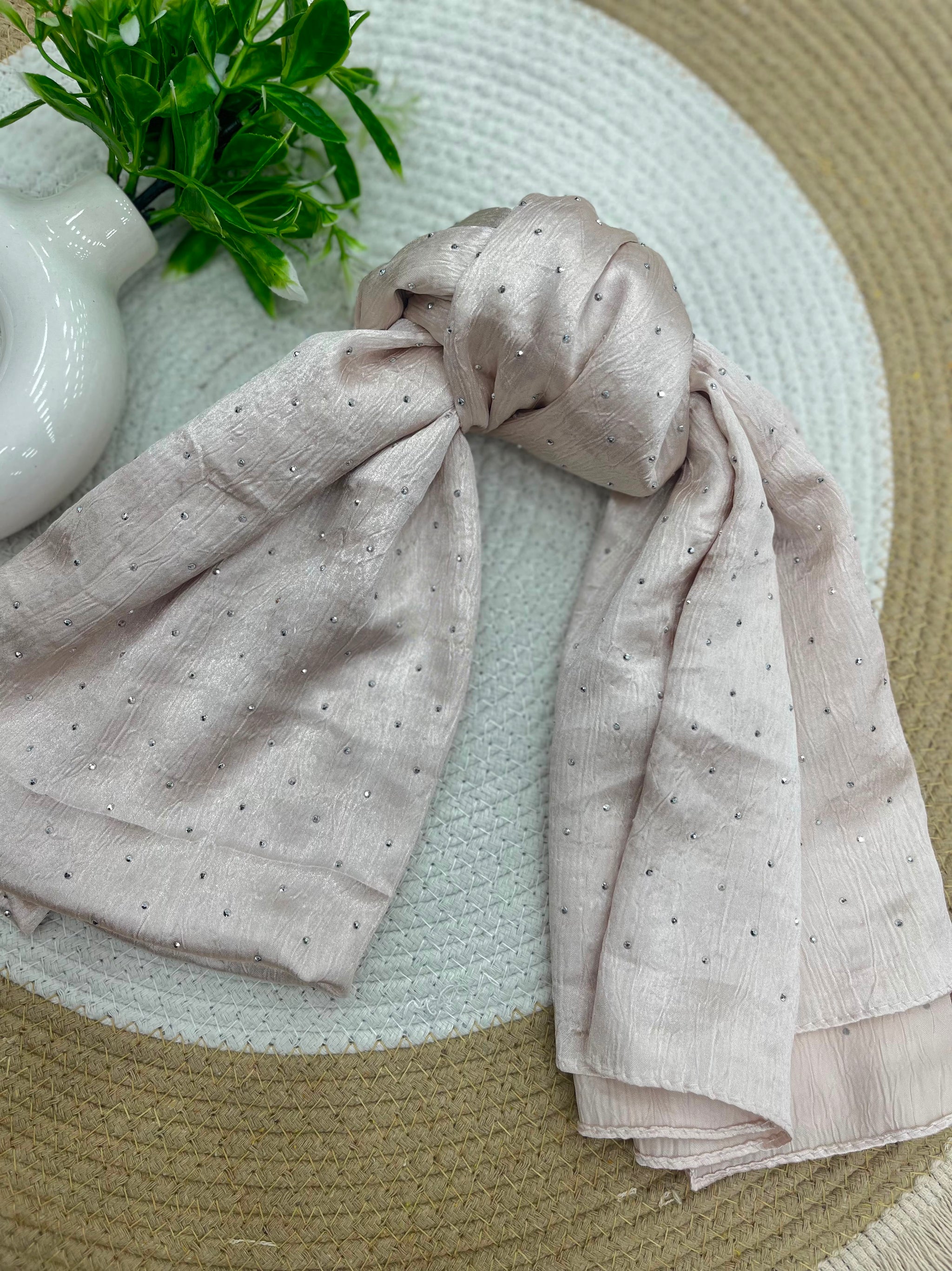 1187 Modest Satin Rhinestone Hijab - Beige Nude
