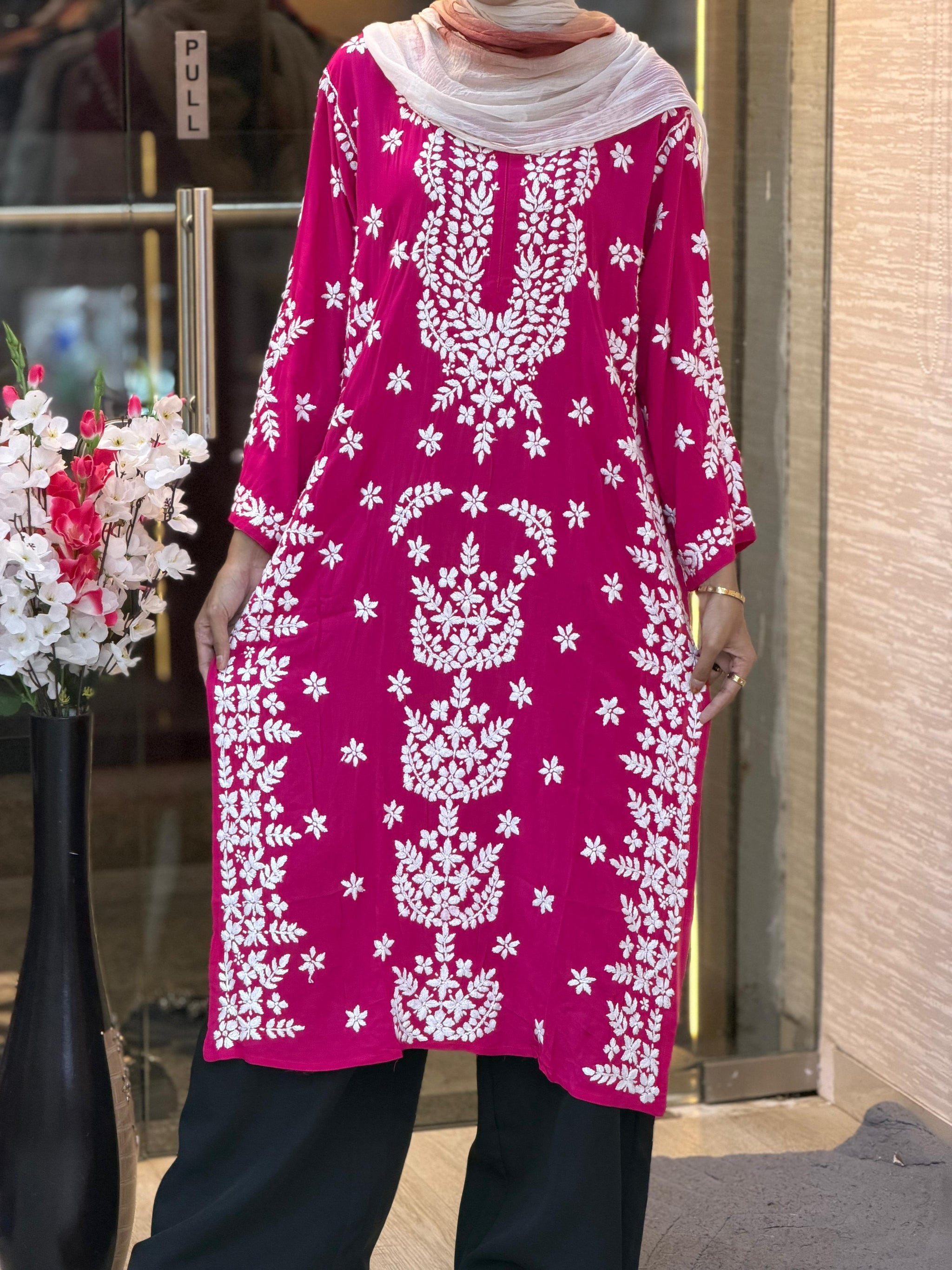 619 Lucknowi Long Kurti Set | Pink