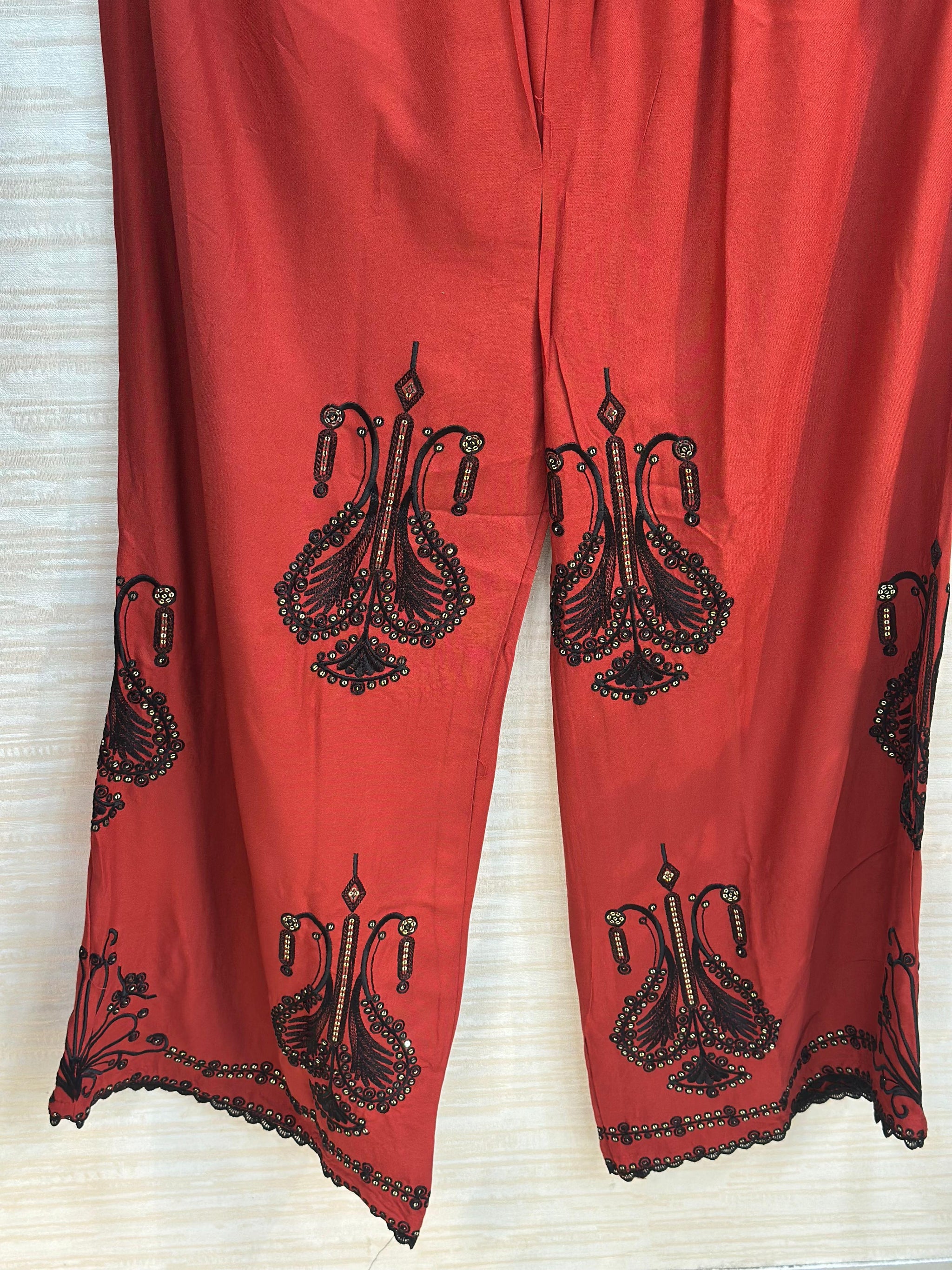 328 Two-Tone Intricately  Embroidered Ethnic Cord Set - Red