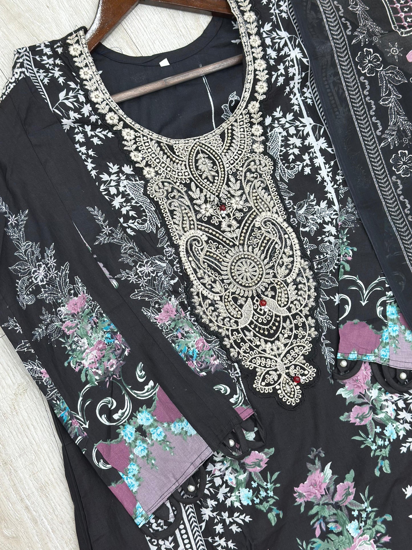 632 Premium Pakistani Lawn Suit - Black Floral