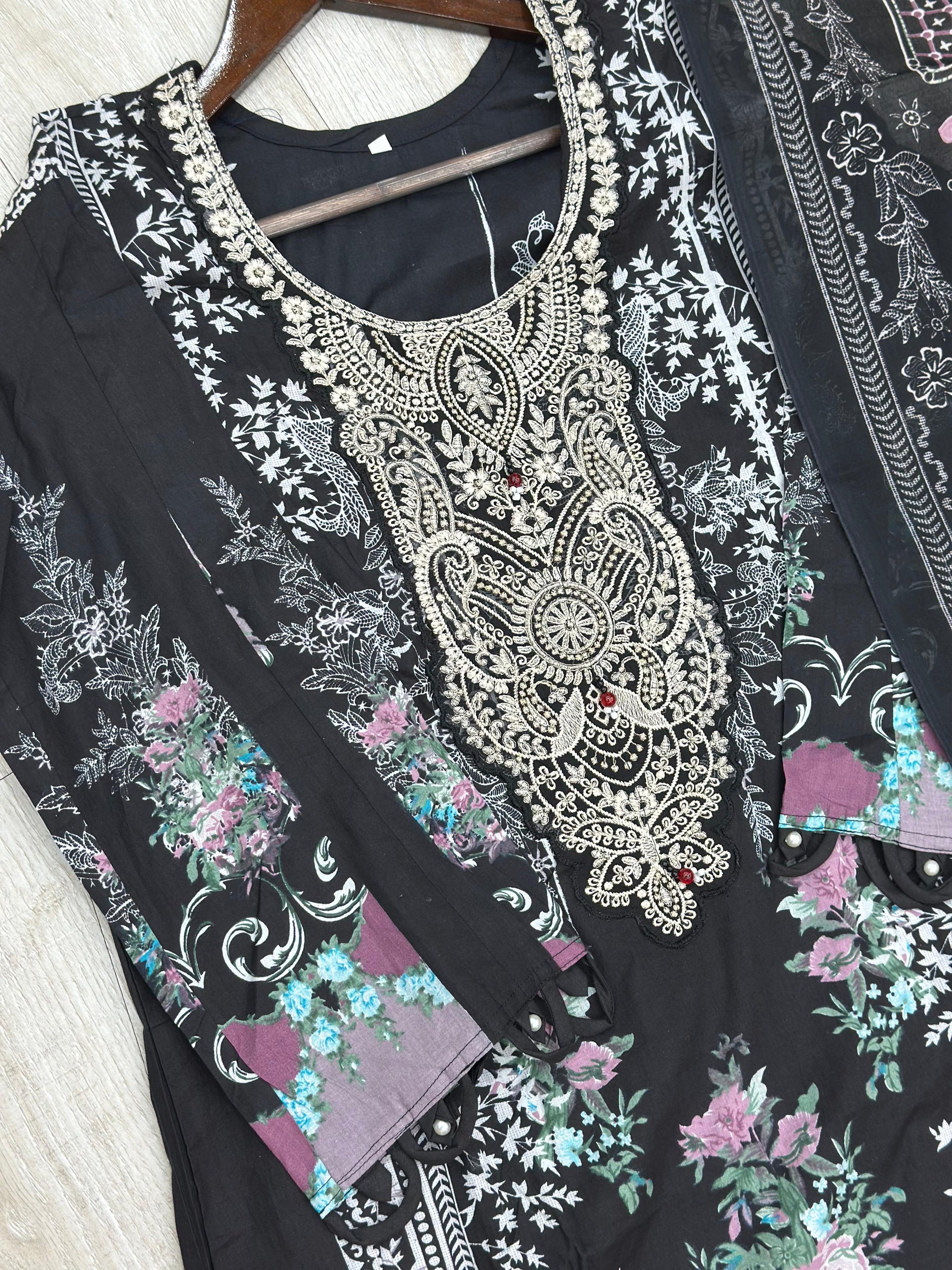 632 Premium Pakistani Lawn Suit - Black Floral