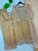 1204 Floral Hand-Work Partywear - Golden Beige