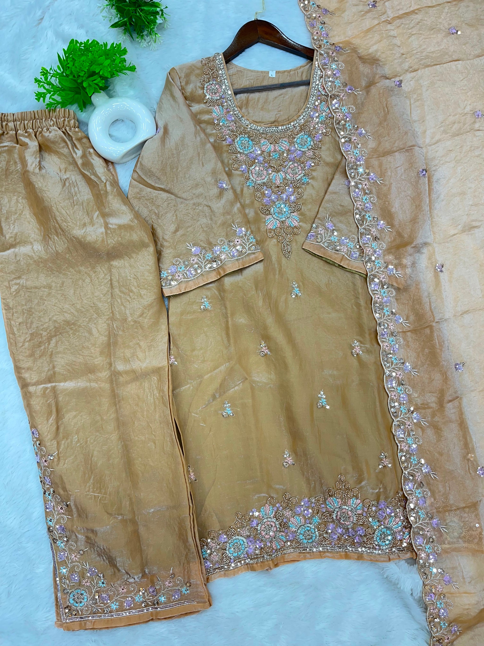 1204 Floral Hand-Work Partywear - Golden Beige