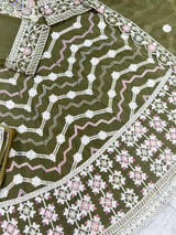 653 Pakistani Embroidered Frock Set - Mehendi Green