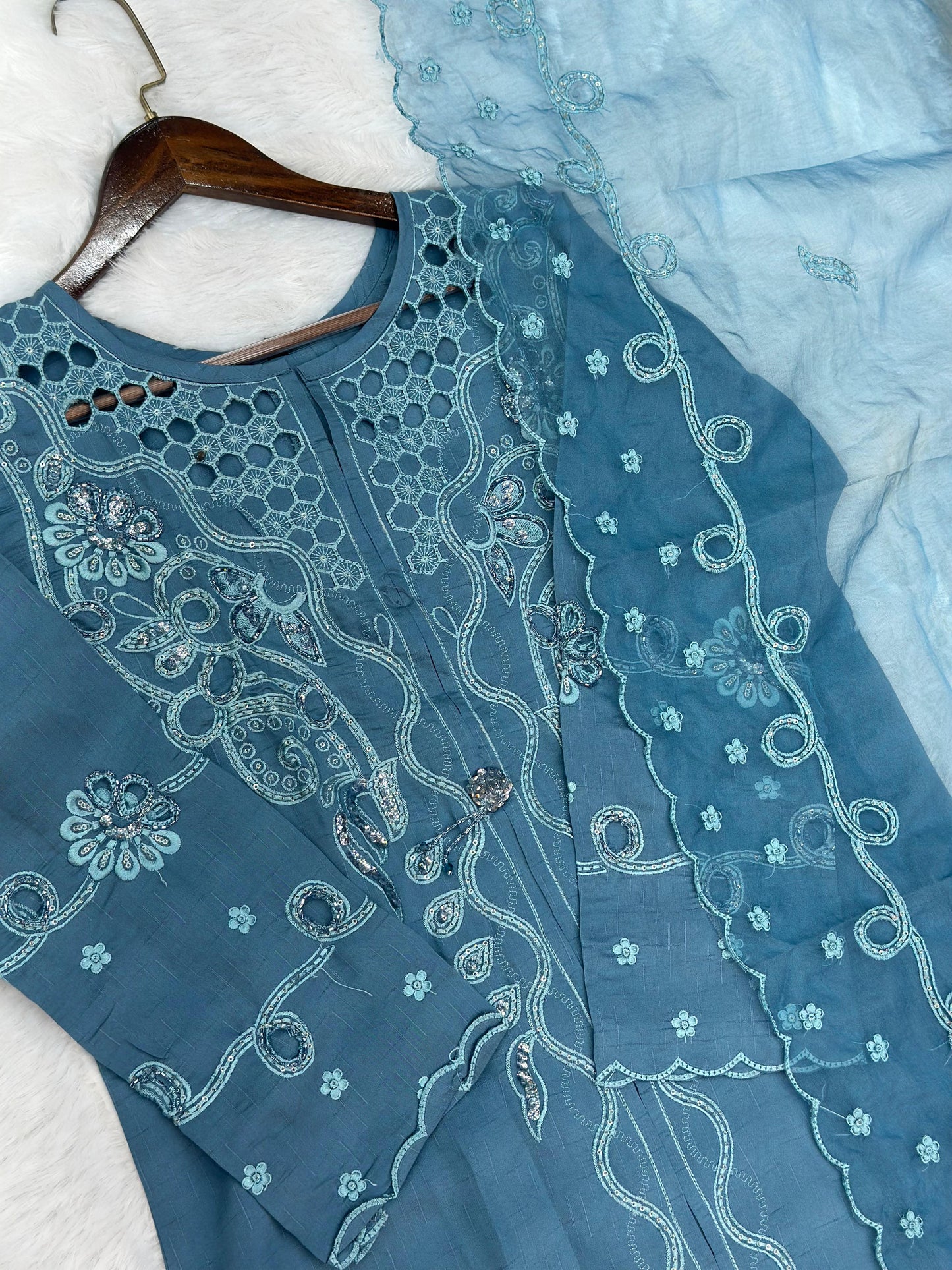 652 Pakistani Cut-Work Embroidery - Stone Blue