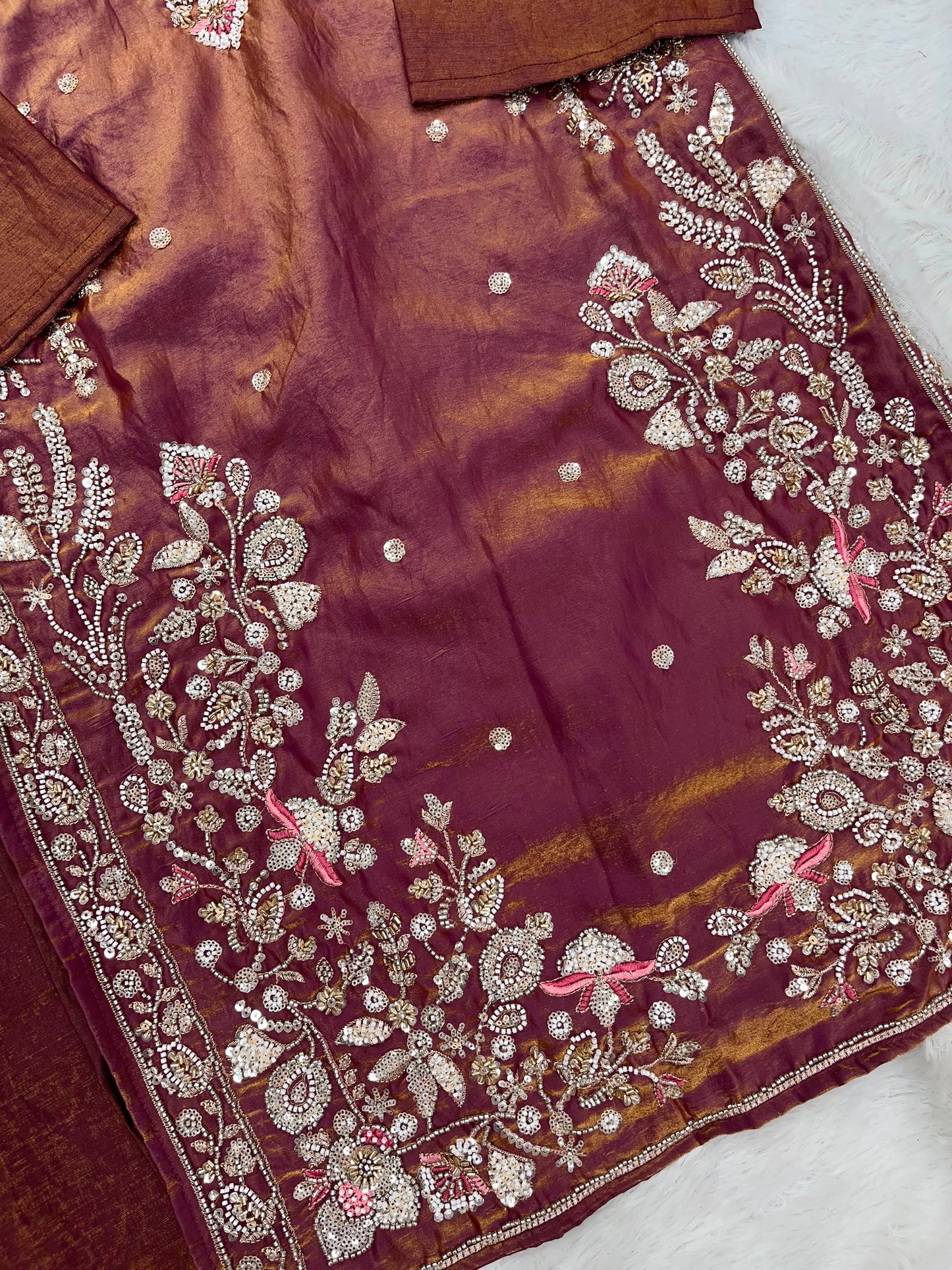 1204 Floral Hand-Work Partywear - Brownish Wine