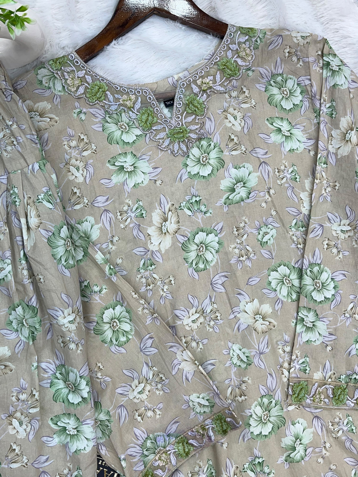 1441 Mausumery Foral Lawn Suit - Beige